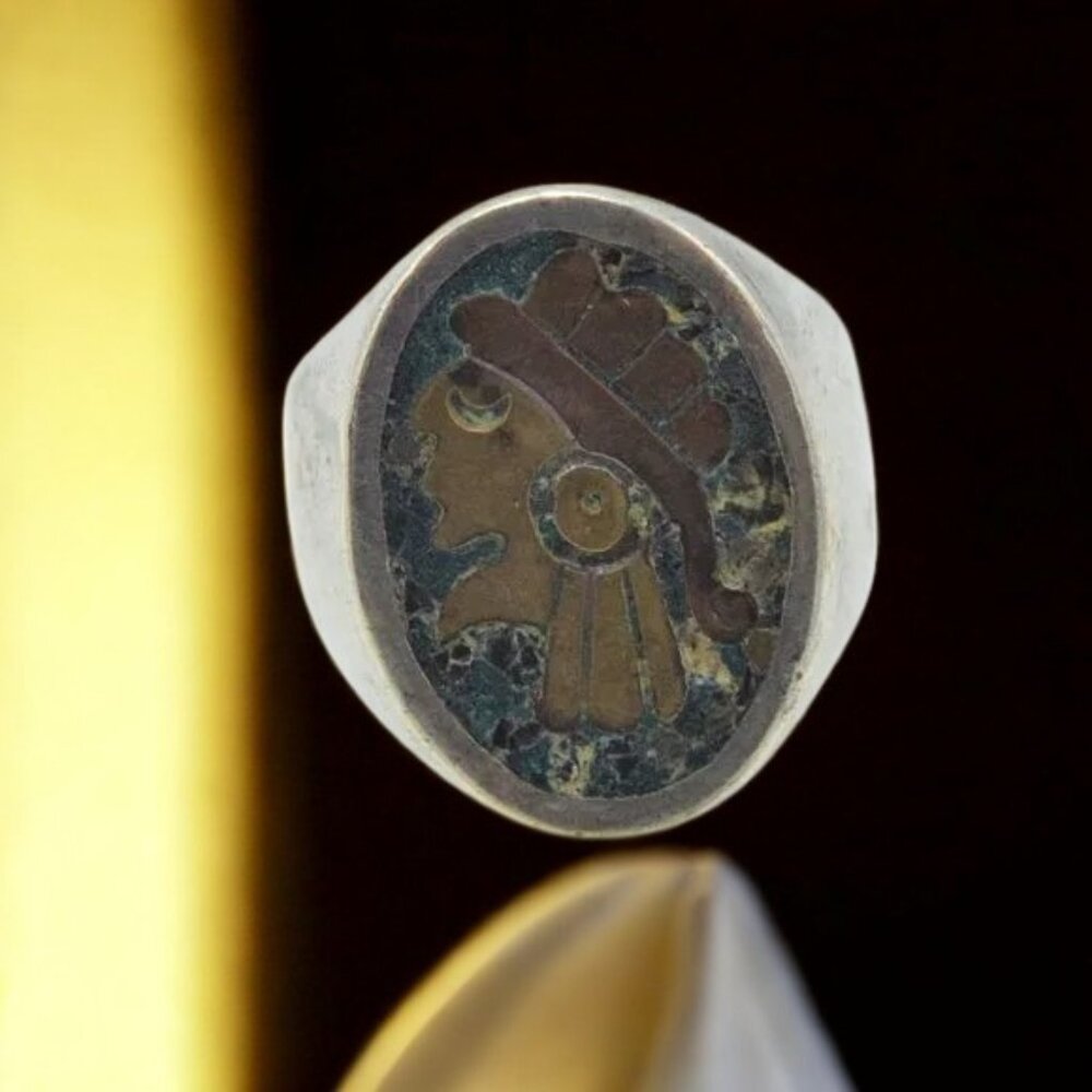 Vintage Ring Pre-Columbian Figure Inset Sterling Silver Mexico